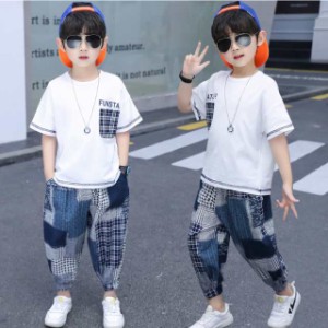  子供服セットアップ キッズ 男の子 春夏 2点セット 上下セット 半袖 英字 Tシャツ+チェック柄 九分丈パンツ ジュニア カジュア