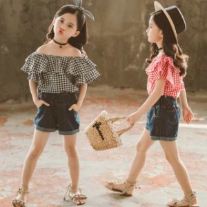 子供服 セットアップ 夏 韓国子供服 女の子 ジュニア キッズ 上下セット 2点セット 半袖 Tシャツ デニムパンツ 短パン 可愛い