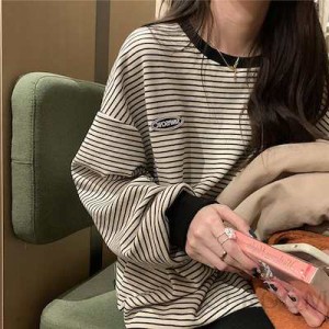 ロングTシャツ レディース トップス 長袖tシャツ ストライプ ゆったりめ 綿100 大きいサイズ