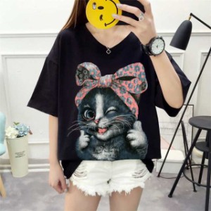 Tシャツ 半袖 ラウンドネック 猫プリント レディース トップス 猫 Tシャツ 猫柄 レディースかわいい 半袖 丸首