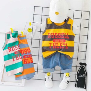 上下セット タンクトップ ノースリーブ デニムショートパンツ 子供服 キッズ セットアップ ウエストゴム 短パン 半ズボン ラウ