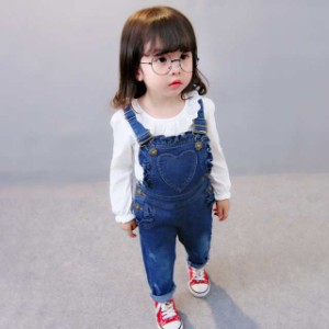 オーバーオール サロペットパンツ 子供服 キッズ ベビー 女の子 女児 デニム ハート フリフリ ボタン 金具 ポケット付き 可