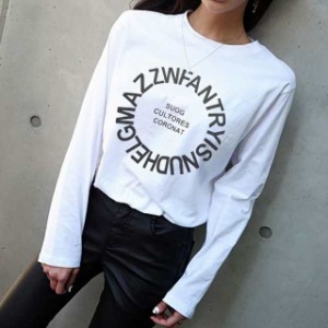 【完売御礼】Tシャツ 長袖 レディース ラウンドネック カットソー 女性 英字ロゴ ロンT シンプル かっこいい クルーネック