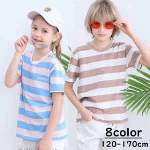 Tシャツ カットソー 子供服 キッズ ジュニア 男の子 女の子 トップス 半袖 ラウンドネック ボーダー シンプル カジュアル