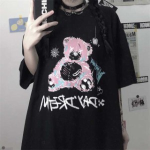 【特別】病みかわいい ｔシャツどでかゴスロリ 熊 クマ レディースTシャツ プリント 半袖 キャラクター ゆったり ロング丈 チュ