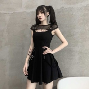 ワンピース レディース 黒 ゴシック サロペット スカート ゴスロリ 袖なし 服