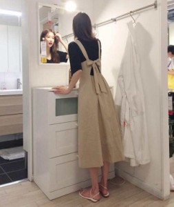 韓国 ファッション レディース ワンピース ジャンパースカート 大きいサイズ ロング サロペット リボン ハイウエスト バックシャン 大人