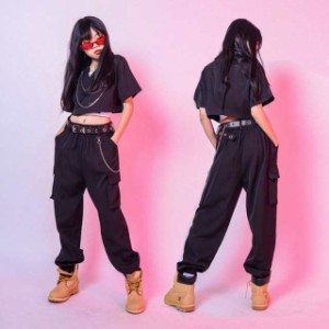 キッズ ダンス衣装 セットアップ ヒップホップ HIPHOP Ｔシャツ 子供服 ズボン トップス パンツ へそ出し 半袖 子供服 女の子 ジャズダン