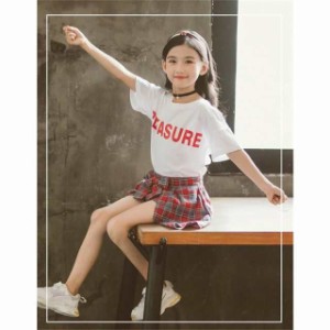 子供服 セットアップ 夏 韓国子供服 女の子 ジュニア キッズ 上下セット 2点セット 半袖 Tシャツ ミニスカート チェック柄 可愛い おしゃ