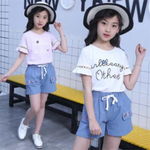 子供服 セットアップ 女の子 夏 2点セット 半袖Tシャツ  デニムハーフパンツ ジュニア おしゃれ 可愛い 小学生 通学 お出かけ 夏新作