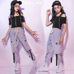 キッズダンス衣装 ヒップホップ へそ出し  トップス  ズボン 子供服 ガールズ チア 女の子 HIPHOP 練習着 体操服 団体