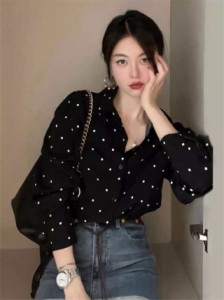 ブラウス レディース 大人トップス 春服 長袖 ドット柄 オーバーサイズ 大きいサイズ ゆったりBIGシャツ おすすめ 着心地良く高見えする