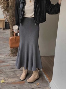 人気スカート レディース 秋服 ボトムス ロング丈 ニット フレア ウエストゴム マーメイドスカート 甘さを抑えた大人な印象のカラー展開