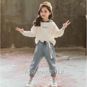 セットアップ 子供服 女の子 長袖 春秋 秋着 上下セット 韓国子供服 キッズ ジュニア Tシャツ デニムパンツ 長ズボン 可愛い おしゃれ 小