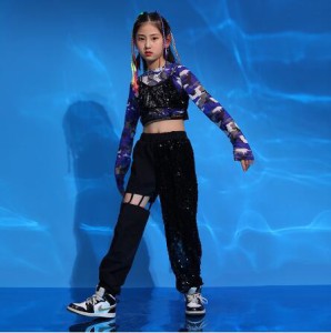 キッズダンス衣装 スパンコール キラキラ セットアップ 女の子 トップス へそ出し 韓国 かっこいい 黒 練習着 ダンス発表会