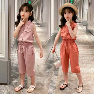 韓国子供服 セットアップ 女の子 キッズ 夏 上下2点セット ノースリーブ Tシャツ 折り襟 七分パンツ 無地 可愛い おしゃれ 通学着 110 -1