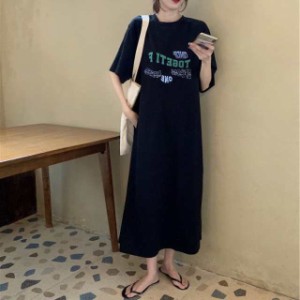 Tシャツワンピース レディース 40代 きれいめ マキシワンピース 夏 半袖ワンピース プリント TシャツAラインスカート オシャレカジュアル