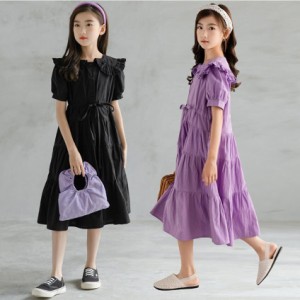 120cm 130cm 140cm 150cm 160cm 165cm子供服 女の子半袖ワンピース キッズ 夏プリンセススカート夏服フレアワンピース ブラック　パープ