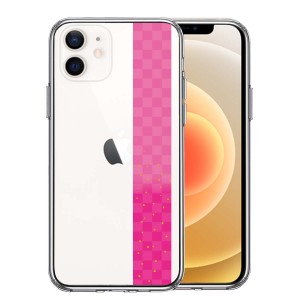 iPhone12mini ケース クリア 和柄 帯 市松模様 ピンク 金箔 スマホケース 側面ソフト 背面ハード ハイブリッド