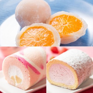 苺と桃のロールケーキセット＆みかん大福 ギフト対応可 送料無料