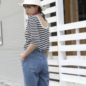 【★メール便不可】カットソー レディース ボーダー Tシャツ 半袖 5分袖 バックシャン 背中開き 後ろ開き ラウンドネック Uネック