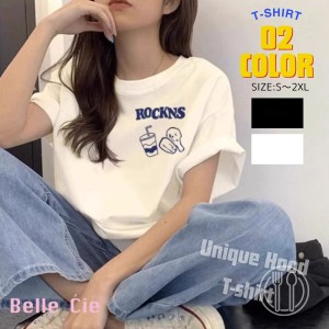 Ｔシャツ 半袖 プリントＴ ユニーク フード ストリート ロゴ レディース 韓国ファッション フード シンプル かわいい 大きいサイズ 夏 白