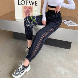 パンツ レディース ジャージ スポーツウェア 個性的 ストレート ウエストゴム レース 透け感 ライン 黒 青 S M L XL シーズンレス カジュ