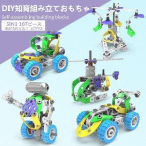 107ピース ねじ 電動DIYブロック おもちゃ 知育玩具 5in1セット組み立て 車 5種類のロボットを作って学べる こどもの日プレゼント