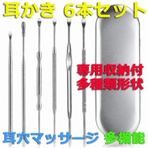 耳かき 6本セット 収納ケース付き 耳掻き 多機能 耳垢除去 耳穴マッサージ 耳ケア 携帯便利 お肌にやさしい 丸洗い ステンレス製