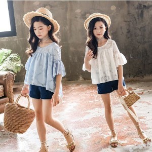 子供服 夏服 セットアップ キッズ 女の子 韓国子供服 上下セット 2点セット トップス 半袖 Tシャツ シフォン ショートパンツ 短パン 通学