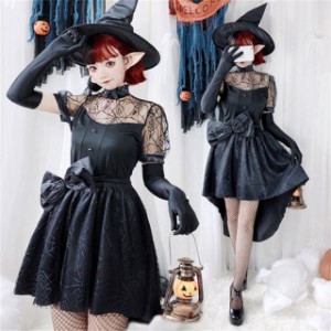 ハロウィン 魔女 コスプレ 衣装 5点セット レディース ウィッチ 仮装 コスチューム 可愛い ウィッチ デビル ブラック 黒 ワンピース ミニ