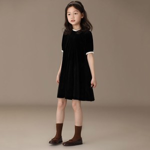 子供 ワンピース 黒 半袖 女の子 キッズ 子供服 春 夏 秋 ベルベット カジュアル  ナチュラル  フォーマル 子ども 可愛い ジュニア ガー