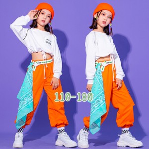 キッズダンス衣装 セットアップ 子供 ダンス服 ヒップホップ HIPHOP キッズ  女の子 ガールズ トップス へそ出し パンツ ダンス 長袖 ダ