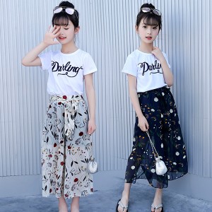 ワイドパンツ 女の子 セットアップ ロングパンツ ロングパンツ Ｔシャツ 半袖 スカンツ シフォン スカーチョ キッズ トップス ガウチョ 