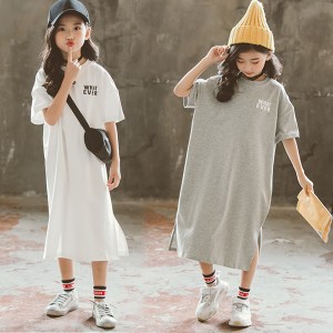 キッズ 女の子 ワンピース ママ 娘さん 半袖 ロングワンピース ロングTシャツ スリット入り キッズワンピース Tシャツ ママサイズ ミモレ