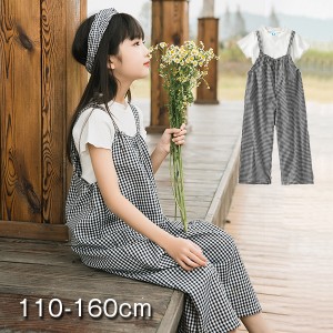 サロペット パンツ 女の子 セットアップ 2点セット 子供服 Tシャツ ブラウス 春夏 キッズ 上下セット パンツ チェック柄  オーバーオール