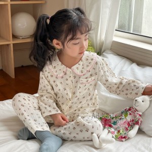 パジャマ 子供 キッズ 女の子 春 夏 長袖 薄手 綿 前開き 上下セット ズボン 花柄 ルームウェア 子供服 可愛い 部屋着 ゆったり ジュニア