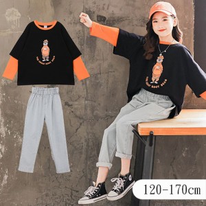 セットアップ 女の子 上下 子ども服 パンツセット  ジーパン 長袖tシャツ  上下セット 長袖 カジュアルパンツ 2点セット キッズ 春 秋 冬