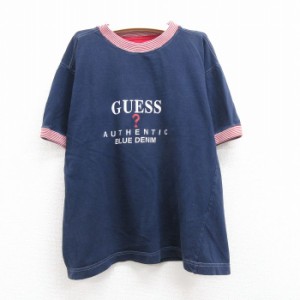 古着 ゲス GUESS 半袖 ブランド Tシャツ キッズ ボーイズ 子供服 ビッグロゴ コットン クルーネック 紺他 ネイビー 中古 古着