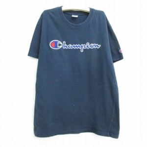 古着 チャンピオン champion 半袖 Tシャツ キッズ ボーイズ 子供服 ビッグロゴ クルーネック 紺 ネイビー 中古 古着