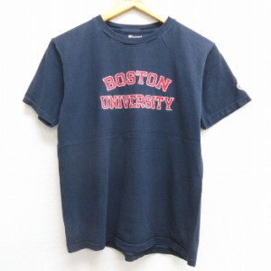 古着 チャンピオン champion 半袖 Tシャツ キッズ ボーイズ 子供服 ボストン 大学 コットン クルーネック 紺 ネイビー 中古 古着