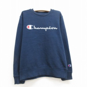 古着 チャンピオン champion 長袖 スウェット キッズ ボーイズ 子供服 ビッグロゴ 刺繍 クルーネック 紺 ネイビー 中古 古着