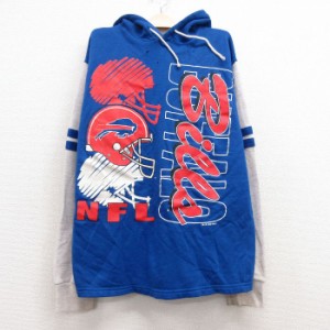 古着 長袖 スウェット パーカー キッズ ボーイズ 子供服 80年代 80s NFL バッファロービルズ ツートンカラー USA製 青他 ブル 中古 古着