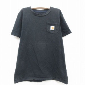 古着 カーハート Carhartt 半袖 Tシャツ キッズ ボーイズ 子供服 ワンポイントロゴ 胸ポケット付き コットン クルーネック 黒  中古 古着