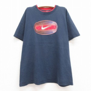 古着 ナイキ NIKE 半袖 ビンテージ Tシャツ キッズ ボーイズ 子供服 00年代 00s ビッグロゴ コットン クルーネック 紺 ネイビ 中古 古着