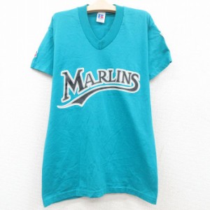 古着 ラッセル 半袖 ビンテージ Tシャツ キッズ ボーイズ 子供服 80年代 80s マーリンズ Vネック USA製 青緑 中古 古着