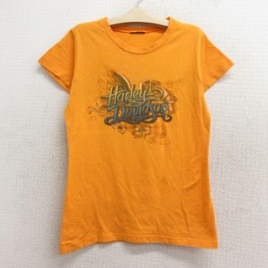 古着 ハーレーダビッドソン Harley Davidson 半袖 Tシャツ キッズ ボーイズ 子供服 羽 ハイビスカス クルーネック オレンジ 中古 古着