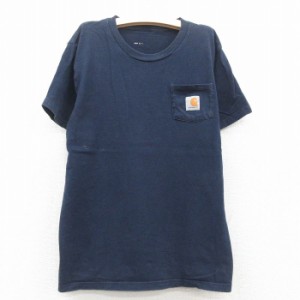 古着 カーハート Carhartt 半袖 Tシャツ キッズ ボーイズ 子供服 ワンポイントロゴ 胸ポケット付き クルーネック 紺 ネイビー 中古 古着