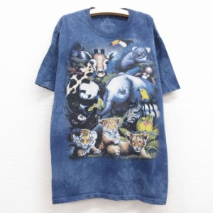 古着 半袖 ビンテージ Tシャツ キッズ ボーイズ 子供服 00年代 00s トラ キリン ゾウ コットン クルーネック 紺 ネイビー タイ 中古 古着