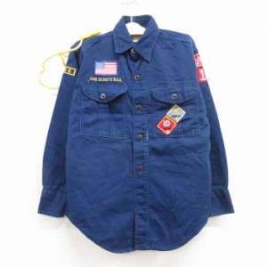 古着 長袖 ボーイスカウト シャツ キッズ ボーイズ 子供服 70年代 70s ボブキャット 星条旗 USA製 紺 ネイビー 中古 古着